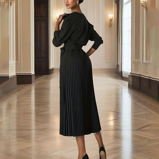 Women's Cross V-Neck Lapel Solid Color Long Sleeve Pleated Maxi Dress With Tie Waist Casual & Formal Dress For Spring & Fall