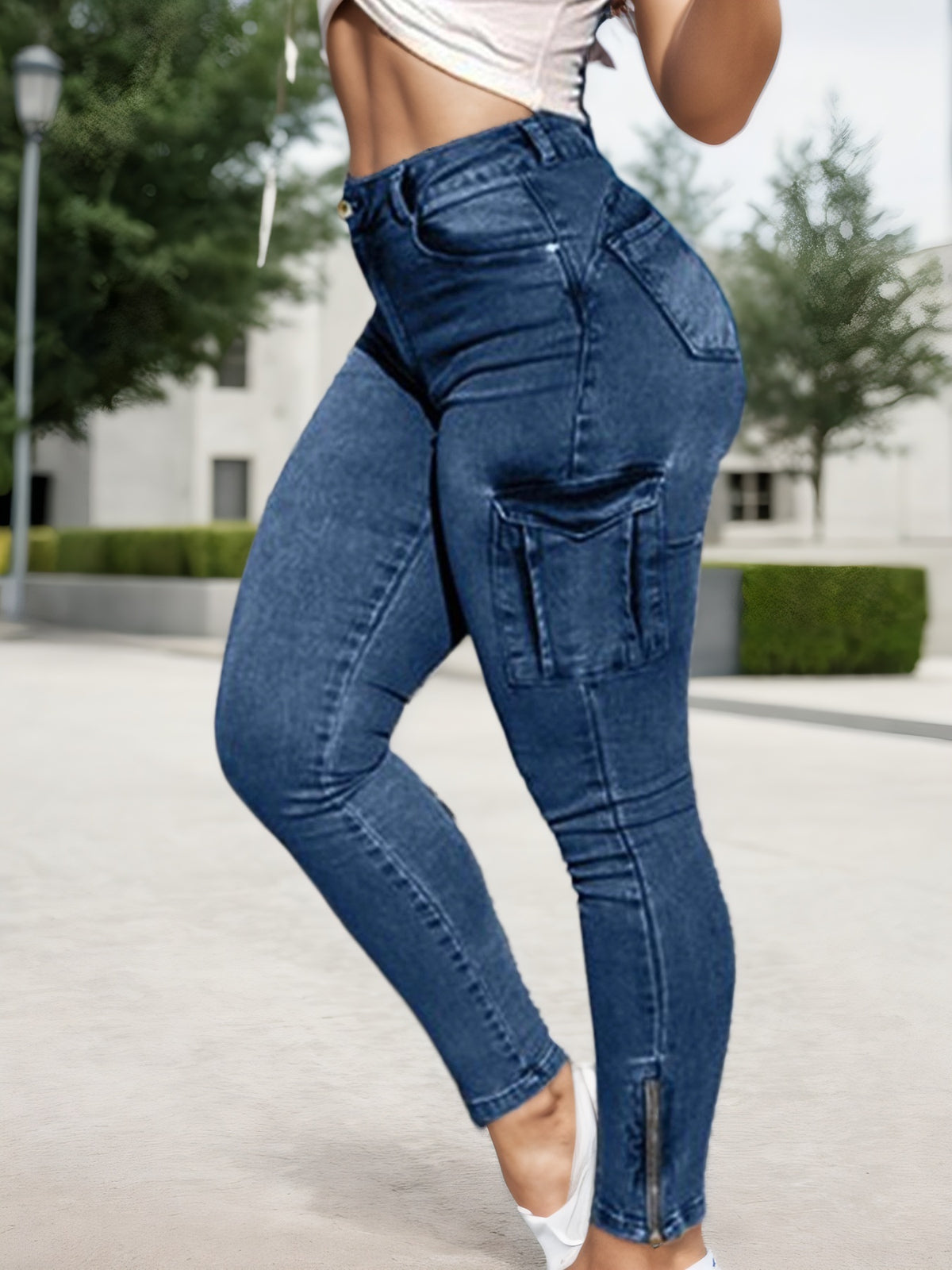Multi-pocket High-stretch Mid-rise Zipper-hem Skinny Pencil Pants, Urban Style Women's Jeans And Clothing Cargo Jeans