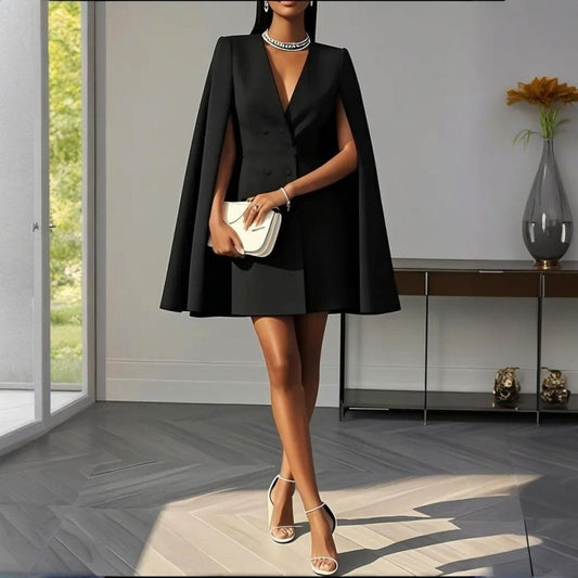 Women's Elegant Solid Color V Neck Double-Breasted Cape Blazer Dress Spring & Summer Party Banquet Outfit