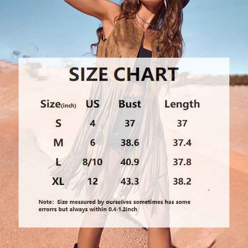Women's Solid Color Elegant Western Fringe Vest - Round Neck Side Slit Hem With Boho Tassel Details