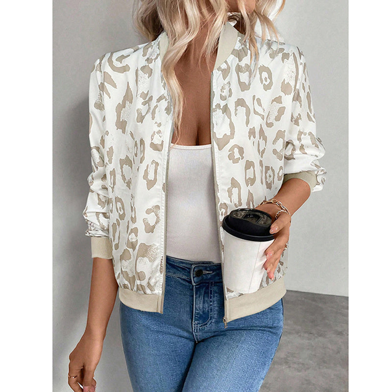 Women's Leopard Print Zip Up Lightweight Bomber Jacket Casual Long Sleeve Outerwear