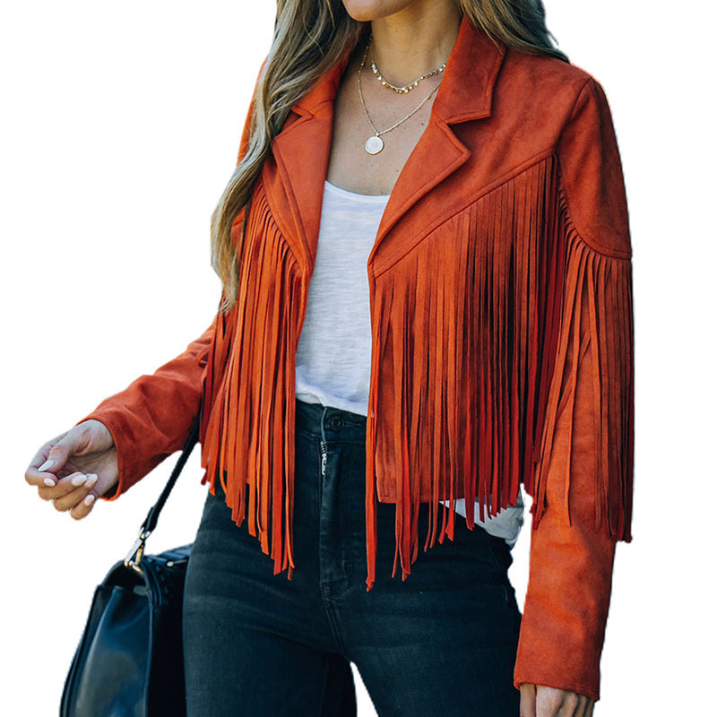Women's Notched Collar Open-Front Fringed Jacket Casual Faux Suede Tassel Motorcycle Cropped Jacket
