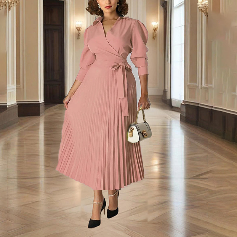 Women's Cross V-Neck Lapel Solid Color Long Sleeve Pleated Maxi Dress With Tie Waist Casual & Formal Dress For Spring & Fall