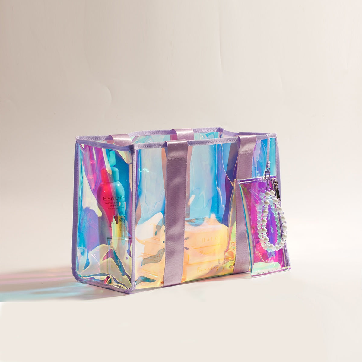Women's Beach Bag, Beach Bag With Extra Waterproof Phone Pocket, Large Rainbow Color Clear Tote Bag
