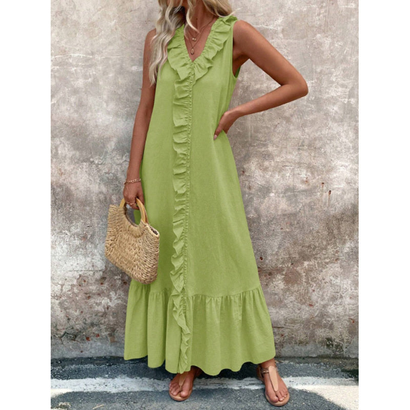 Women's Elegant Casual Summer Dress - V-Neck Sleeveless Ruffled Vacation Long Dress With Pleated Hem