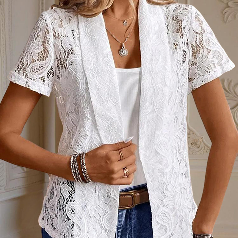 Elegant Solid Color Women's Lace Cardigan - Stylish Breathable Slim-Fit Spring&Summer Blouse With Floral Lace Detail