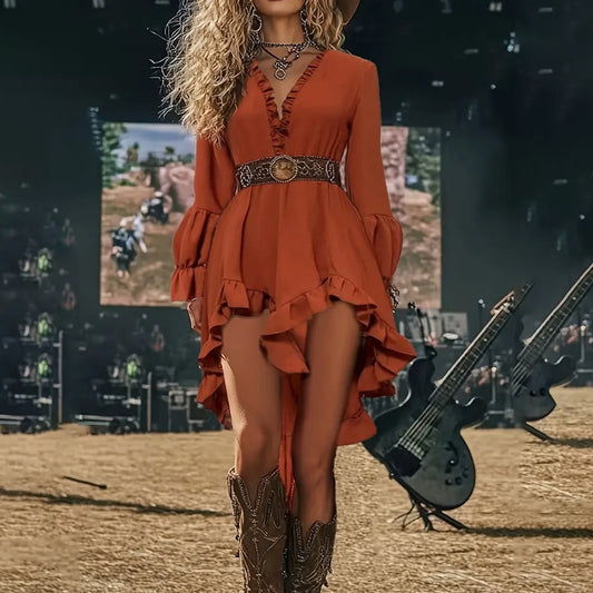 Womens Sexy Deep V Neck Western Cowgirl Dress Casual Long Sleeve Ruffle Irregular Hem Vintage Country Concert Dresses , No Belt Included