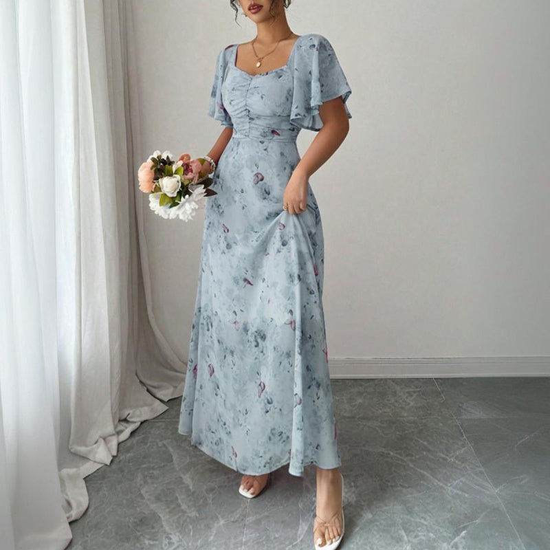 Women's Solid Color Square Neck Short Sleeve Butterfly Print Flowy Dress A-Line Summer Vacation Maxi Dress