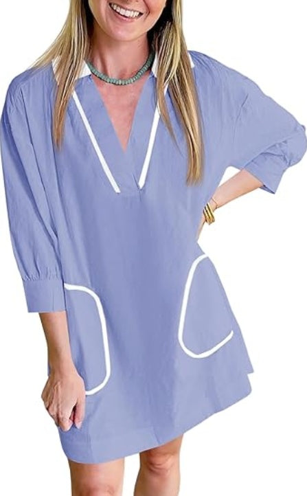 Saodimallsu Womens V Neck Swimsuit Coverup Sleeve Collar Color Block Oversized Cover Ups Mini Beach Dress With Pockets