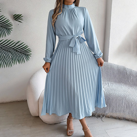 Elegant High Neck Long Sleeve Pleated Maxi Dress - Solid Color Flowy Dress For Women, Casual To Formal Wear