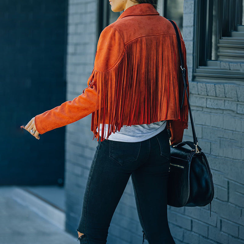 Women's Notched Collar Open-Front Fringed Jacket Casual Faux Suede Tassel Motorcycle Cropped Jacket