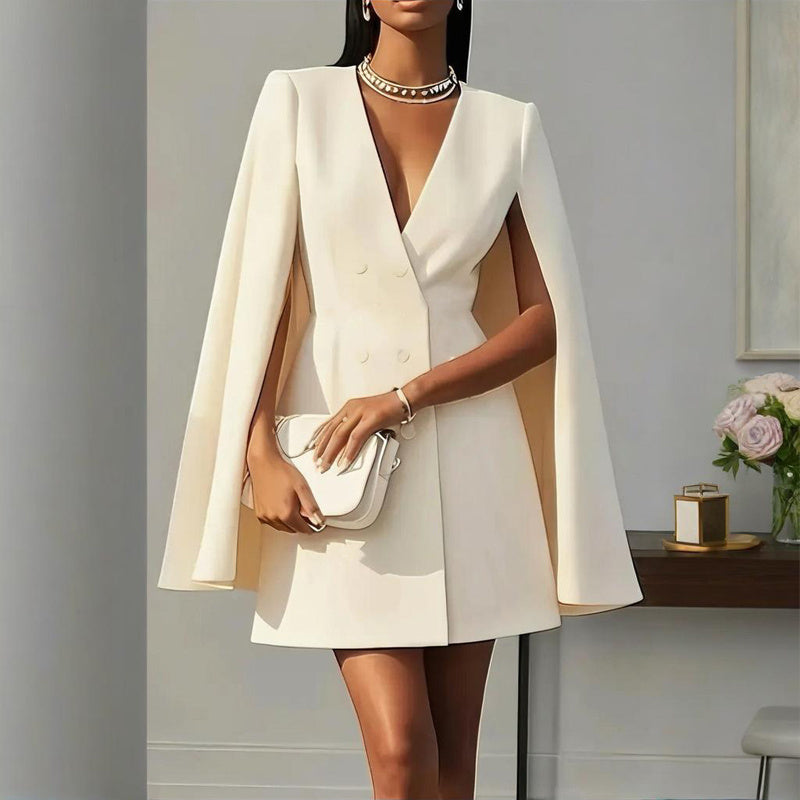 Women's Elegant Solid Color V Neck Double-Breasted Cape Blazer Dress Spring & Summer Party Banquet Outfit
