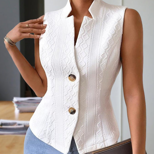 Women's Elegant Solid Color Stand Collar Sleeveless Vest - Ribbed & Button Detail Summer Casual Outerwear