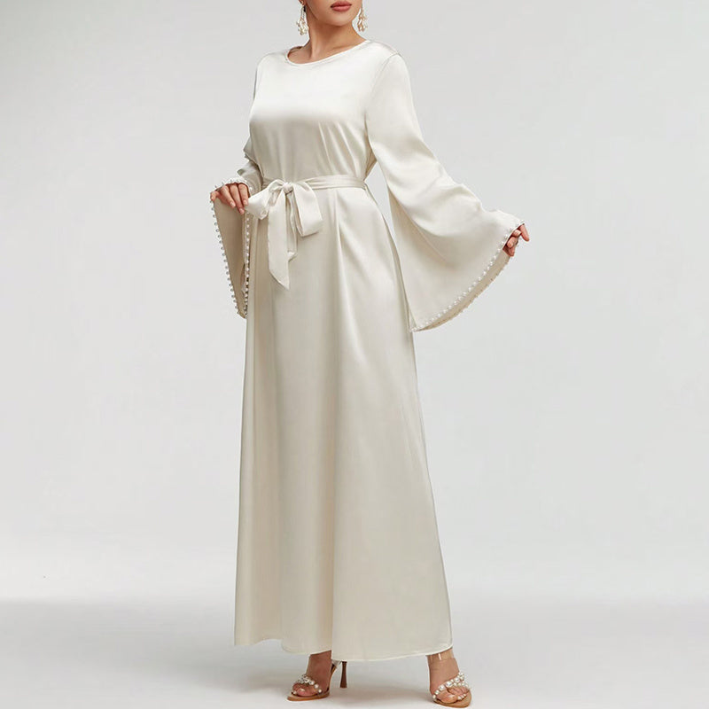 Elegant Round Neck Solid Color Flared Maxi Dress Long Sleeve With Pearl Cuff Detail, Modest A-Line Middle Eastern Abaya Party & Vacation Dress For Women