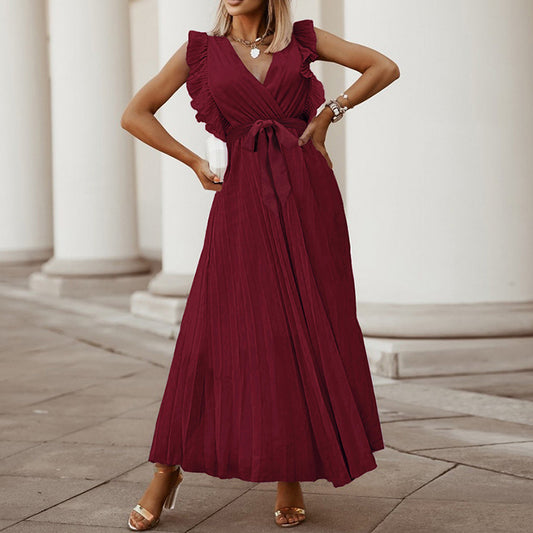 Women's Summer Maxi Dresses Elegant V Neck Ruffled Sleeves Empire Waist Pleated Flowy Wedding Guest Dress