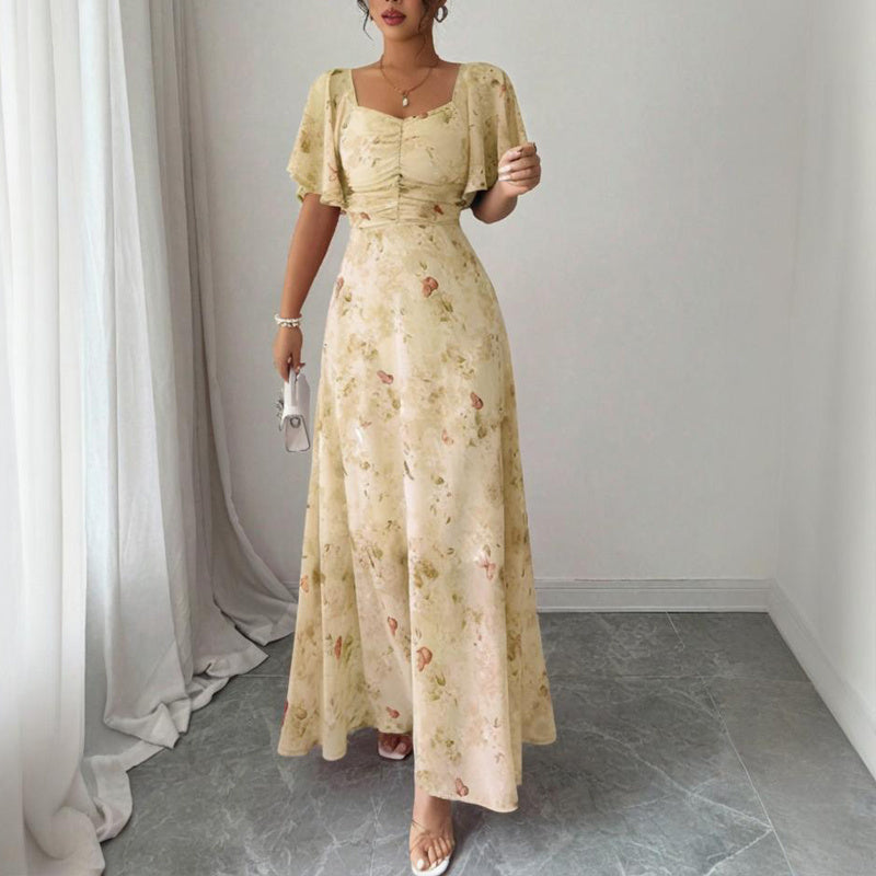 Women's Solid Color Square Neck Short Sleeve Butterfly Print Flowy Dress A-Line Summer Vacation Maxi Dress