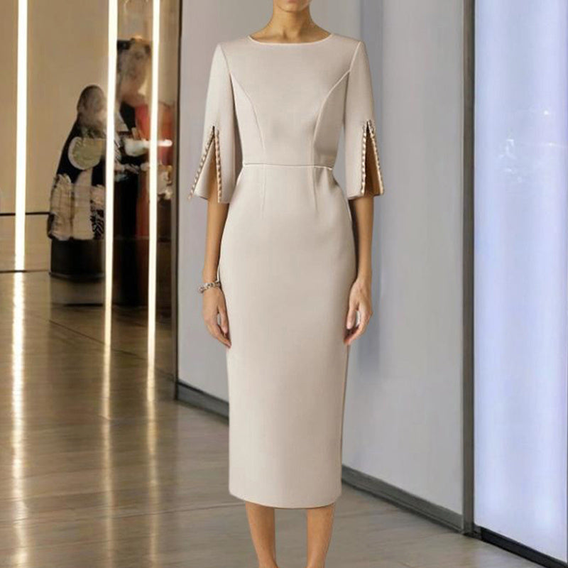 Women's Solid Color Pearl-Embellished Round Neck Dress - Elegant Back Zipper & Slit Sleeve Formal Dress