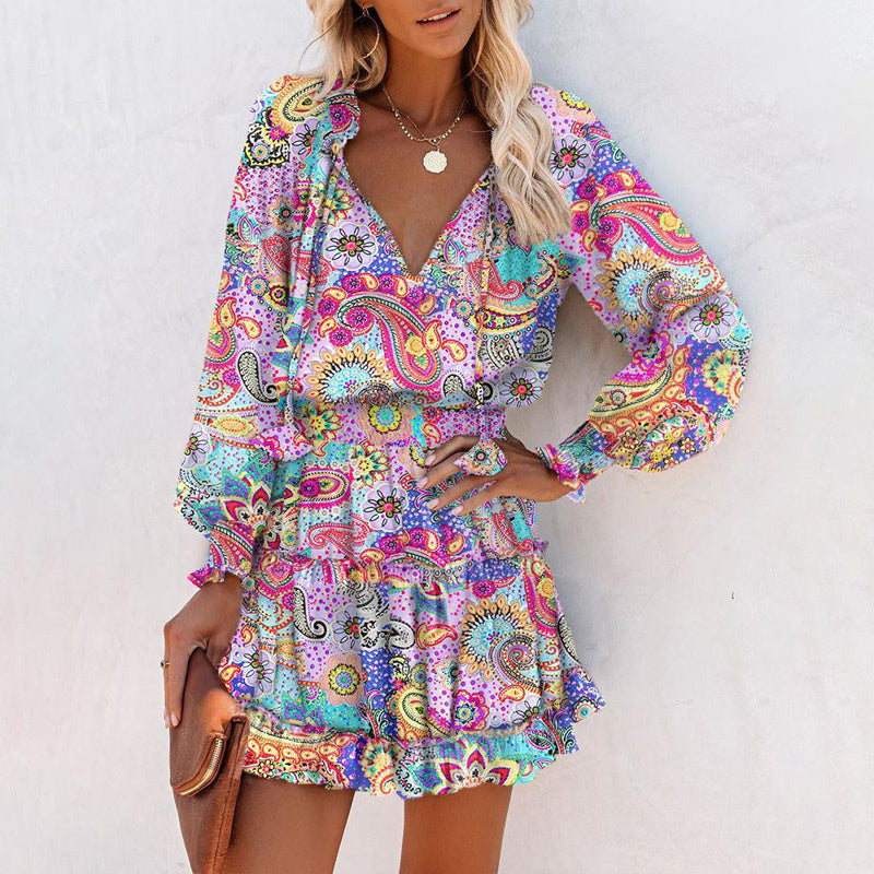Women's Bohemian Print V-Neck Long Sleeve Dress - Flowy Beach Dress With Elastic Waist