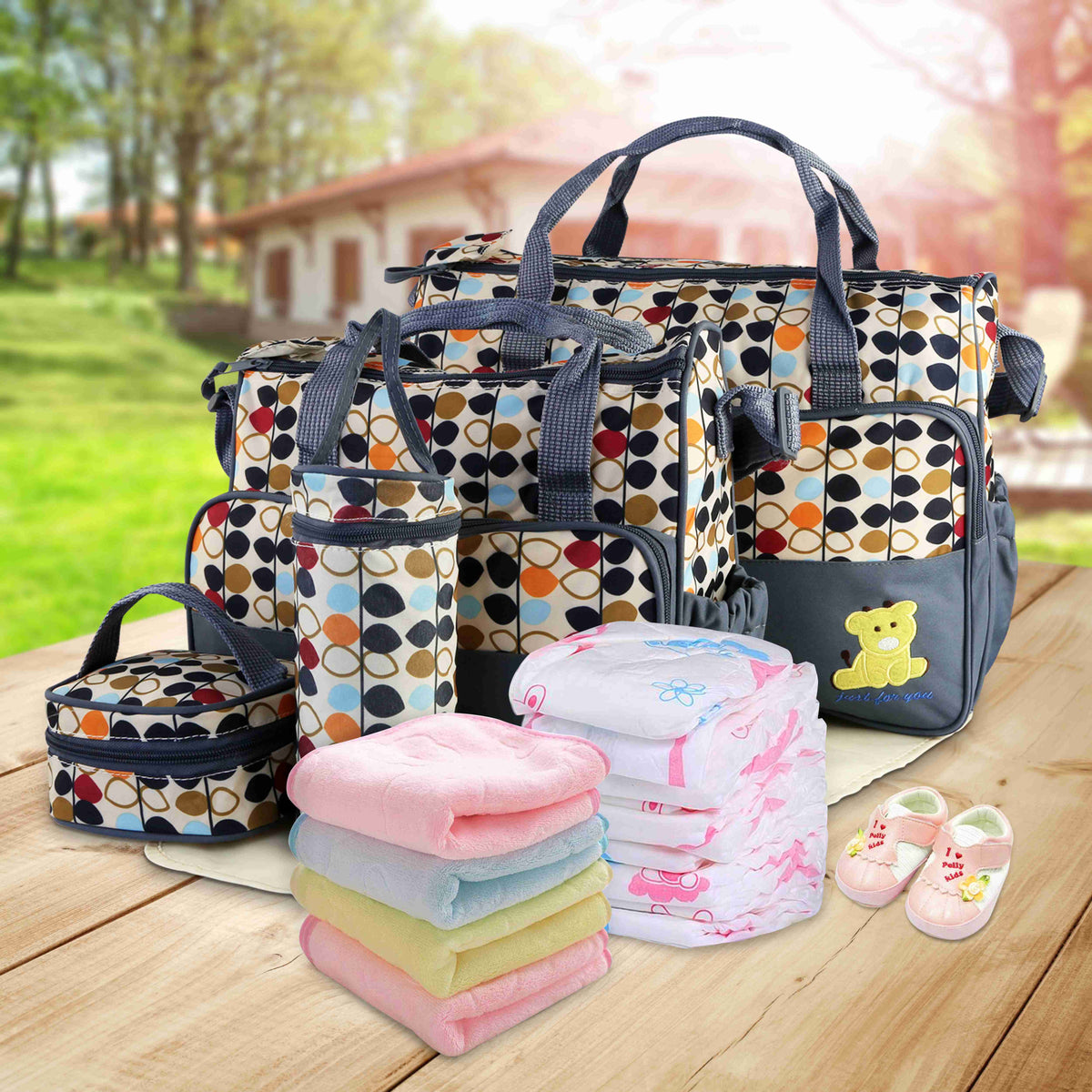 5PCS Per Set Baby Nappy Diaper Bags Set Mummy Diaper Shoulder Bags WithNappy Changing Pad Insulated Pockets Travel Tote Bags For Mom Dad