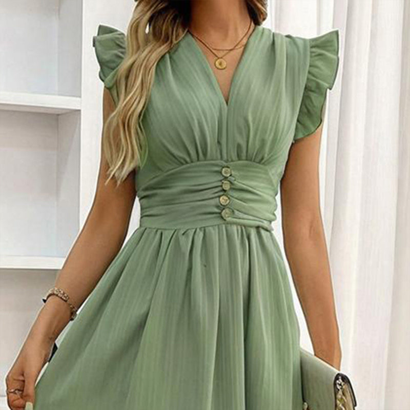 Women's Solid Color Sleeveless V-Neck Dress - High Waist Ruffled Hem Boho Flowy Summer Dress With Shoulder Frills, Casual & Party Dress