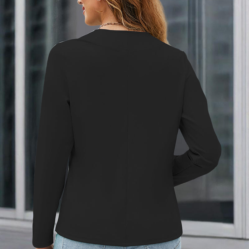 Plus Size Women's Long Sleeve Solid Color Collarless Blazer Jacket Simple Stylish Design, Essential Spring & Fall Top