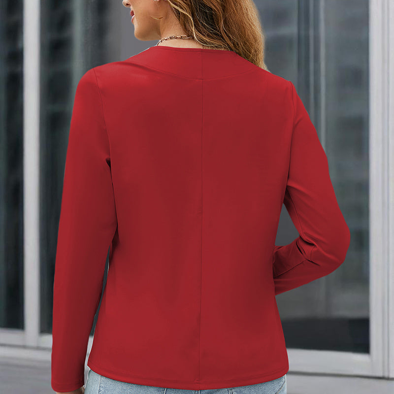 Plus Size Women's Long Sleeve Solid Color Collarless Blazer Jacket Simple Stylish Design, Essential Spring & Fall Top