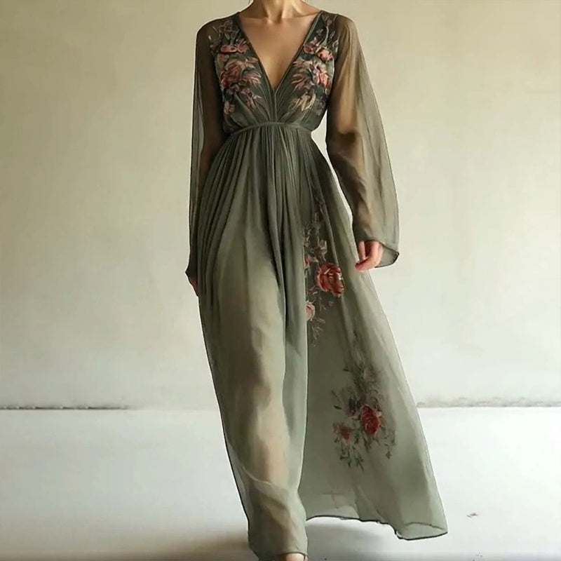 Women's Elegant V-Neck Green Floral Print A-Line Maxi Semi-Sheer Long Sleeve Spring&Summer Dress