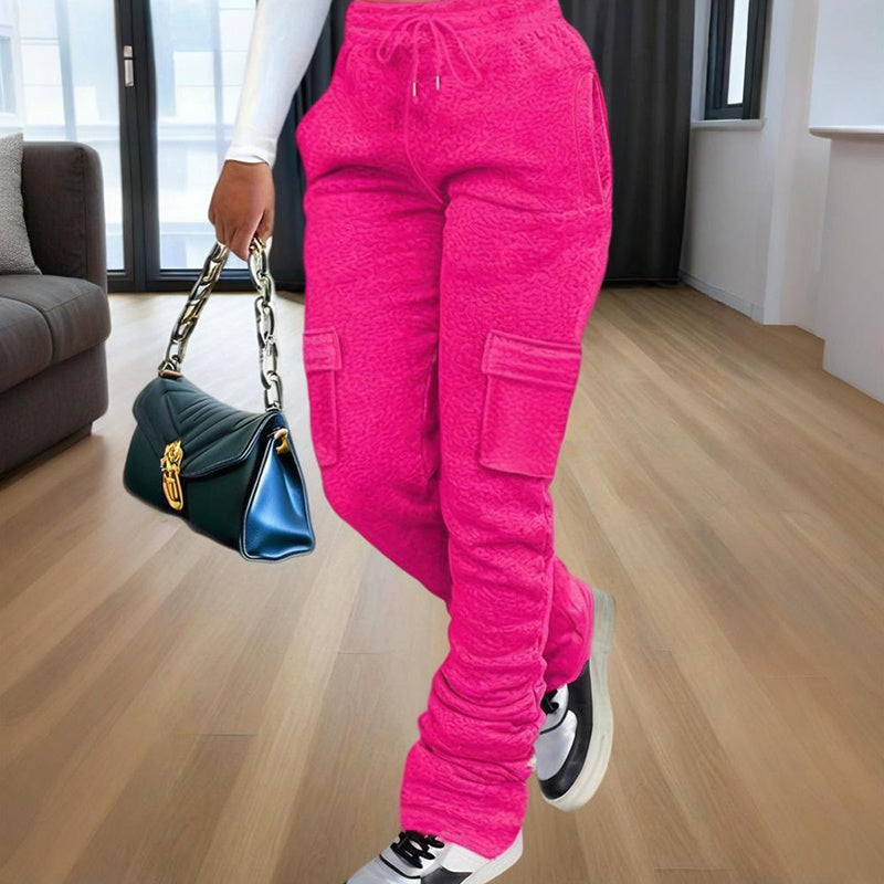 Women's Solid Color Straight Leg Pants - Stretchy Drawstring Waist With Dual Pockets Casual Trousers For Spring&Fall