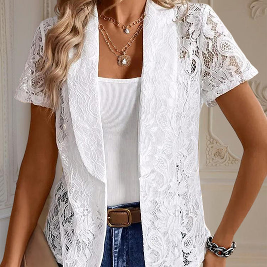 Elegant Solid Color Women's Lace Cardigan - Stylish Breathable Slim-Fit Spring&Summer Blouse With Floral Lace Detail