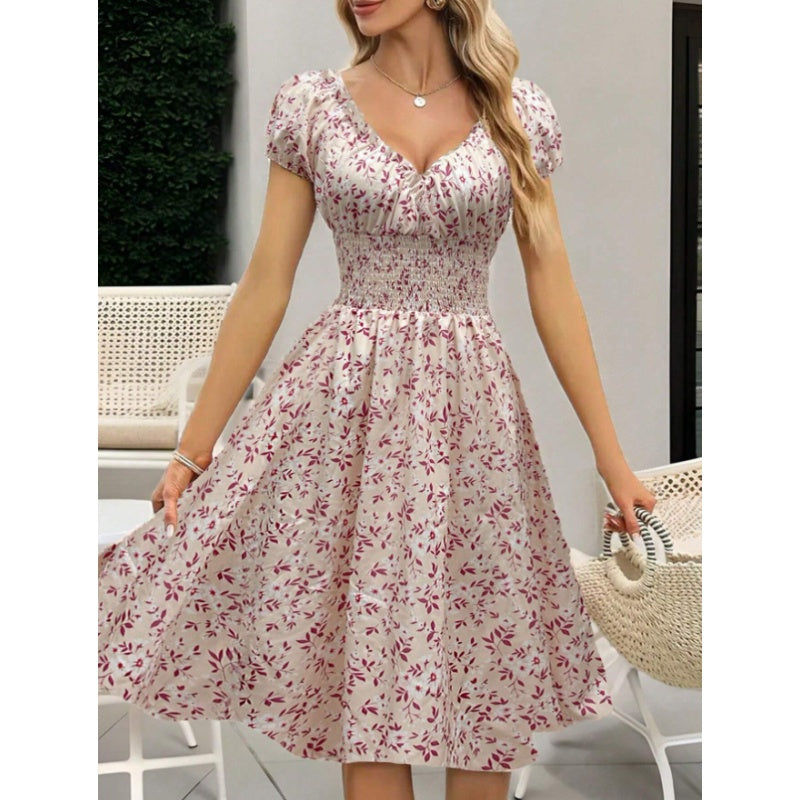 Women's Floral Summer Dress Casual Short Sleeve Ruffle Flowy Midi Sundress Boho Beach Vacation Dress
