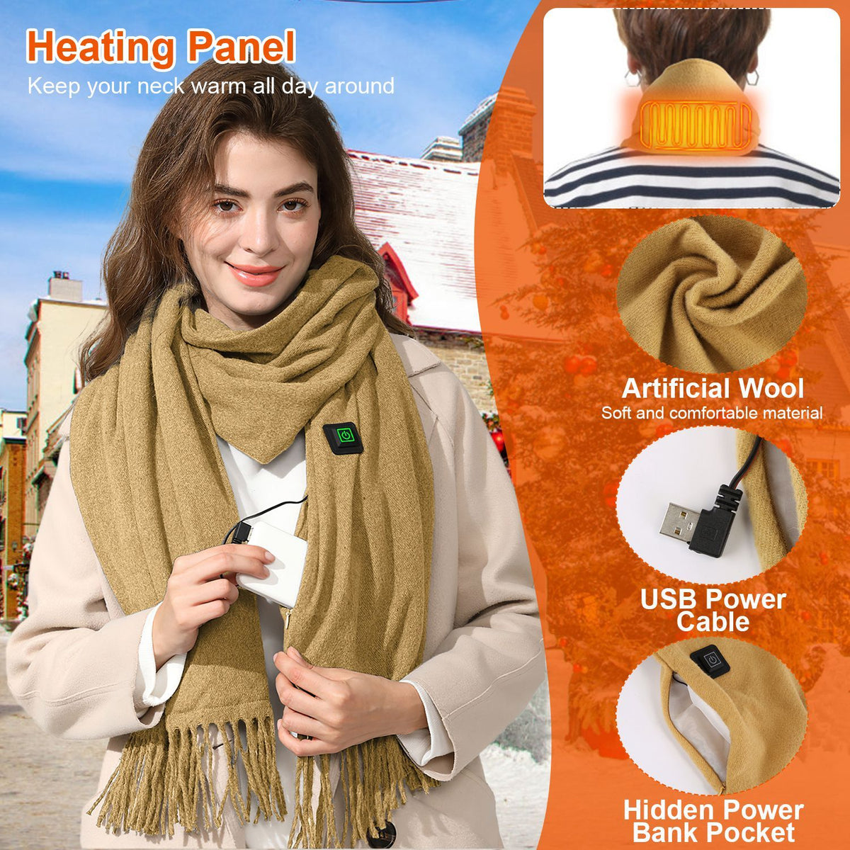1Pc Electric Heated Winter Scarf USB Heating Neck Wrap Unisex Heated Neck Shawl Soft Warm Scarves 3 Heating Modes For Outdoor Cycling Skiing Skating
