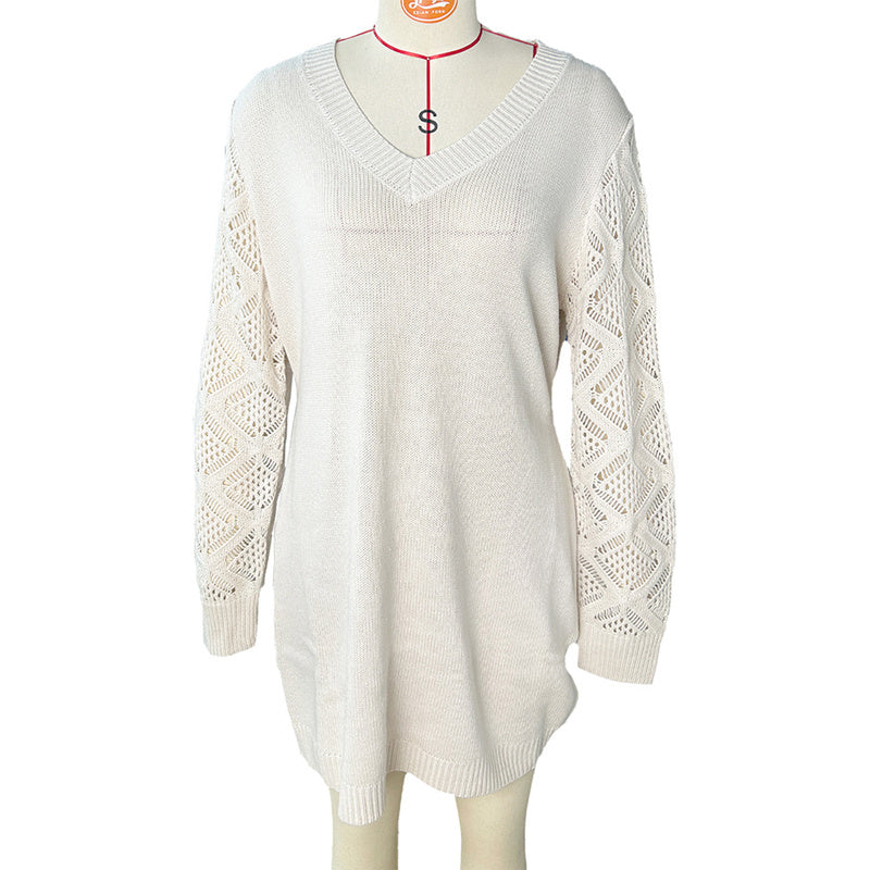Elegant Women's Solid Color V-Neck Knit Dress - Long Sleeve Lace Cut-Out Design, Comfortable Dress For Spring&Fall
