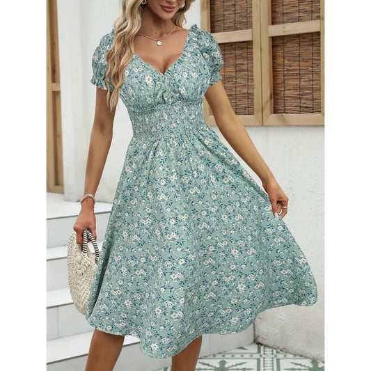 Women's Floral Summer Dress Casual Short Sleeve Ruffle Flowy Midi Sundress Boho Beach Vacation Dress