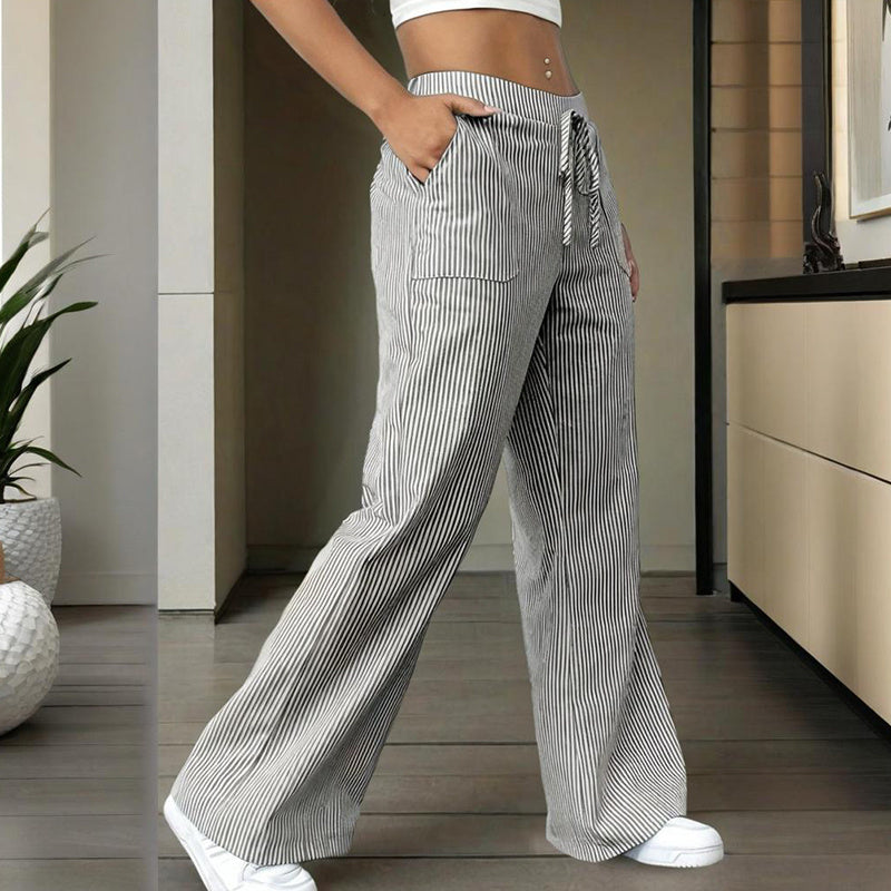Women's Striped Wide Leg Pants With Pockets & Tie-Waist Detail - Casual Minimalist Trousers