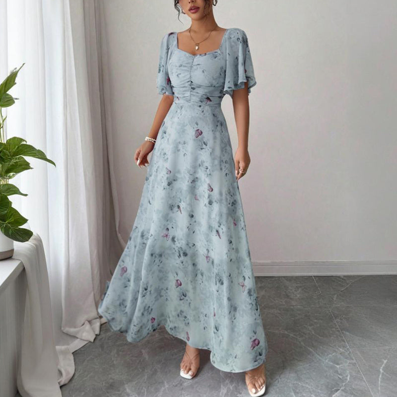 Women's Solid Color Square Neck Short Sleeve Butterfly Print Flowy Dress A-Line Summer Vacation Maxi Dress