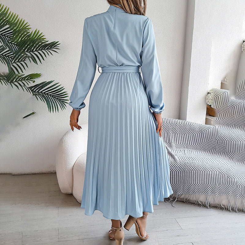 Elegant High Neck Long Sleeve Pleated Maxi Dress - Solid Color Flowy Dress For Women, Casual To Formal Wear