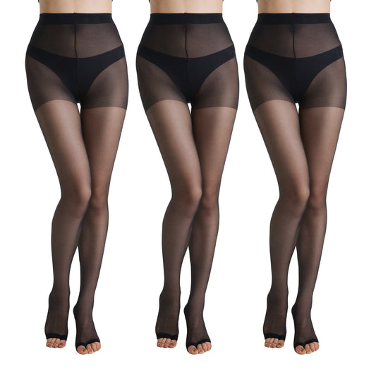 3 Pairs Womens 20D Ultra Toeless Sheer Tights Open Toe Control Top Pantyhose