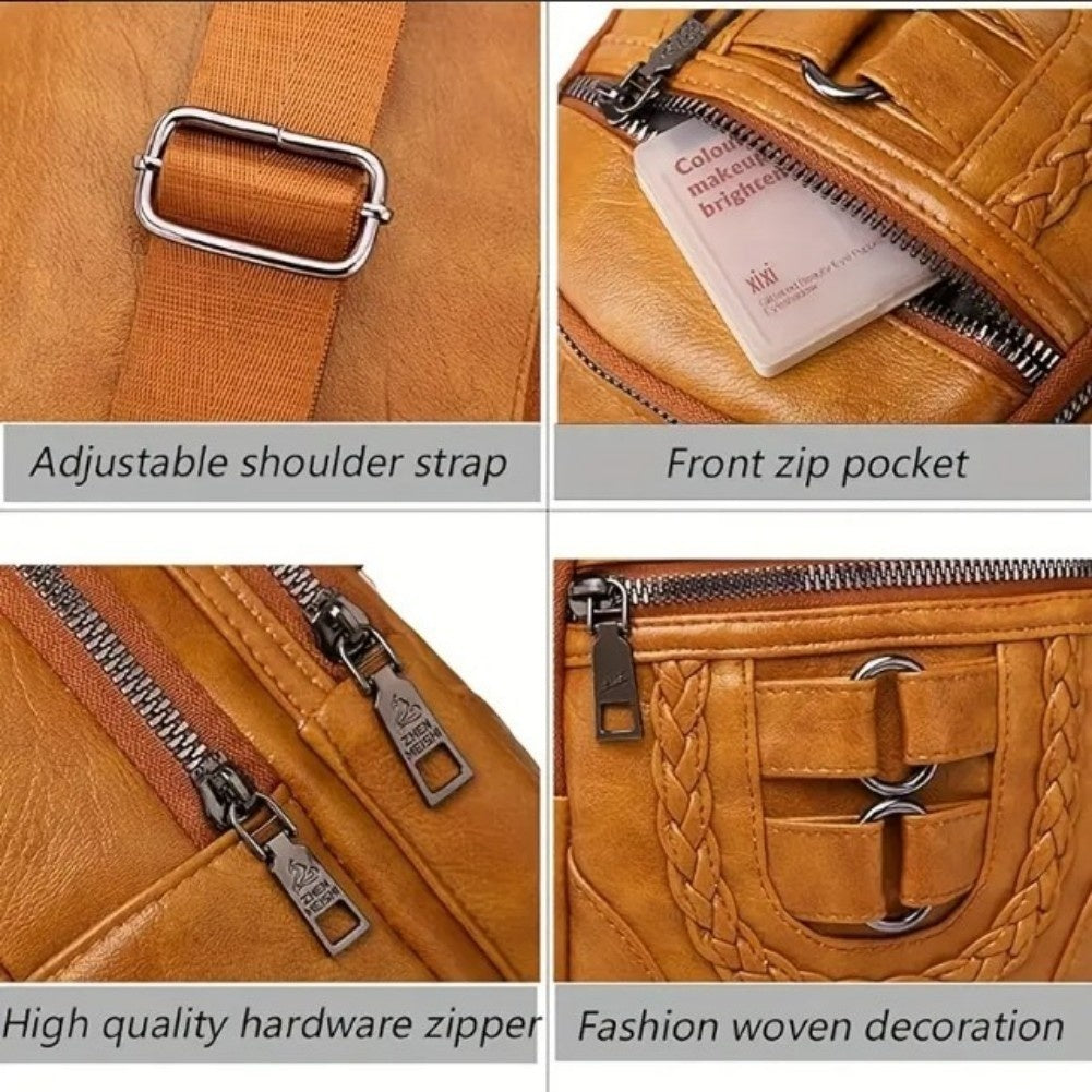 Sling Bag For Women, Multi Pockets CrossBody Bags, Purses Fanny Packs, Vegan Retro Leather Braiding Sling Backpack For Travel