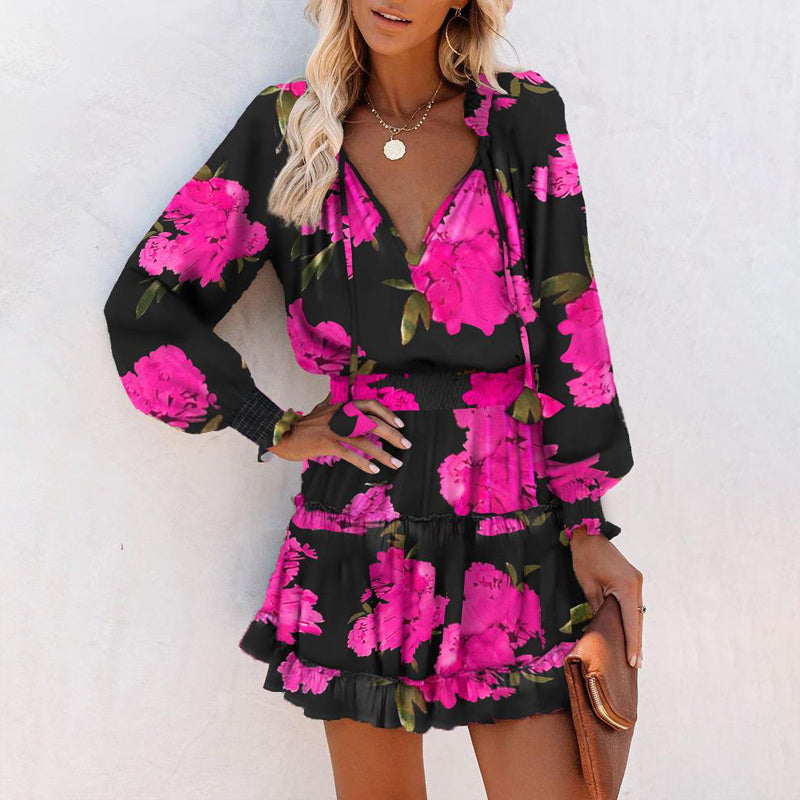 Women's Bohemian Print V-Neck Long Sleeve Dress - Flowy Beach Dress With Elastic Waist