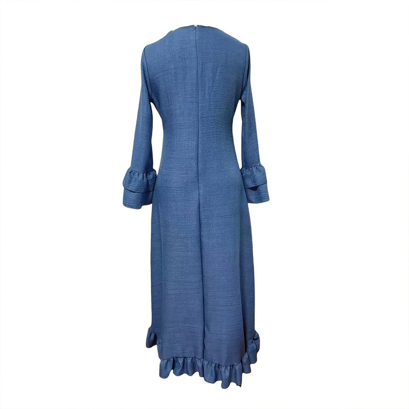 Women's Solid Color Deep V-Neck Long Sleeve Dress With Ruffled Hem & Asymmetrical Hemline Spring&Summer Vacation Dress