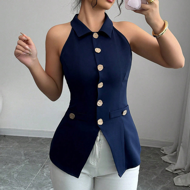 Women's Elegant Solid Sleeveless Vest - Button Front Lapel Top, Slim Fit Camisole For Spring&Summer