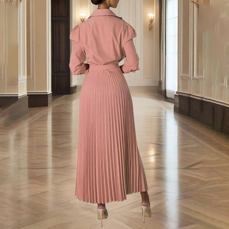 Women's Cross V-Neck Lapel Solid Color Long Sleeve Pleated Maxi Dress With Tie Waist Casual & Formal Dress For Spring & Fall