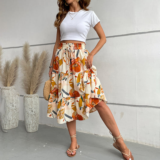 Women's Floral Tiered Midi Skirt Elastic Waist Dressy Casual A-line Flowy Boho Skirts