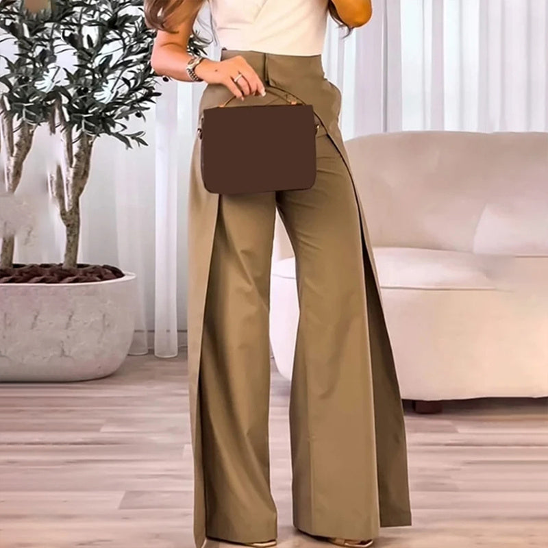 Women's Solid Color High-Waisted Wide-Leg Pants With Crossover Design Pockets Casual Spring & Fall Trousers