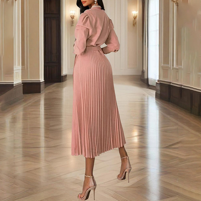 Women's Cross V-Neck Lapel Solid Color Long Sleeve Pleated Maxi Dress With Tie Waist Casual & Formal Dress For Spring & Fall