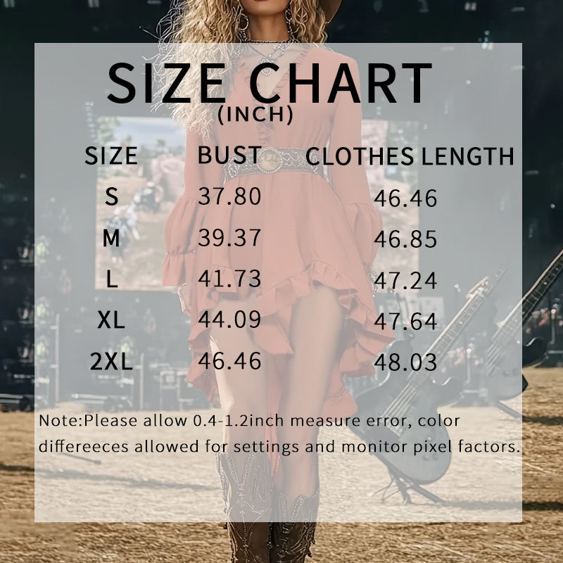 Womens Sexy Deep V Neck Western Cowgirl Dress Casual Long Sleeve Ruffle Irregular Hem Vintage Country Concert Dresses , No Belt Included