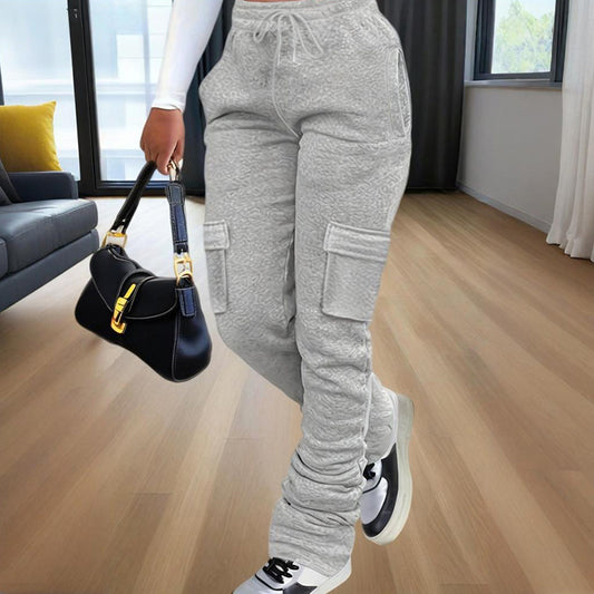 Women's Solid Color Straight Leg Pants - Stretchy Drawstring Waist With Dual Pockets Casual Trousers For Spring&Fall