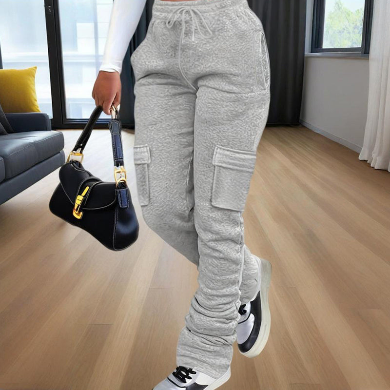 Women's Solid Color Straight Leg Pants - Stretchy Drawstring Waist With Dual Pockets Casual Trousers For Spring&Fall