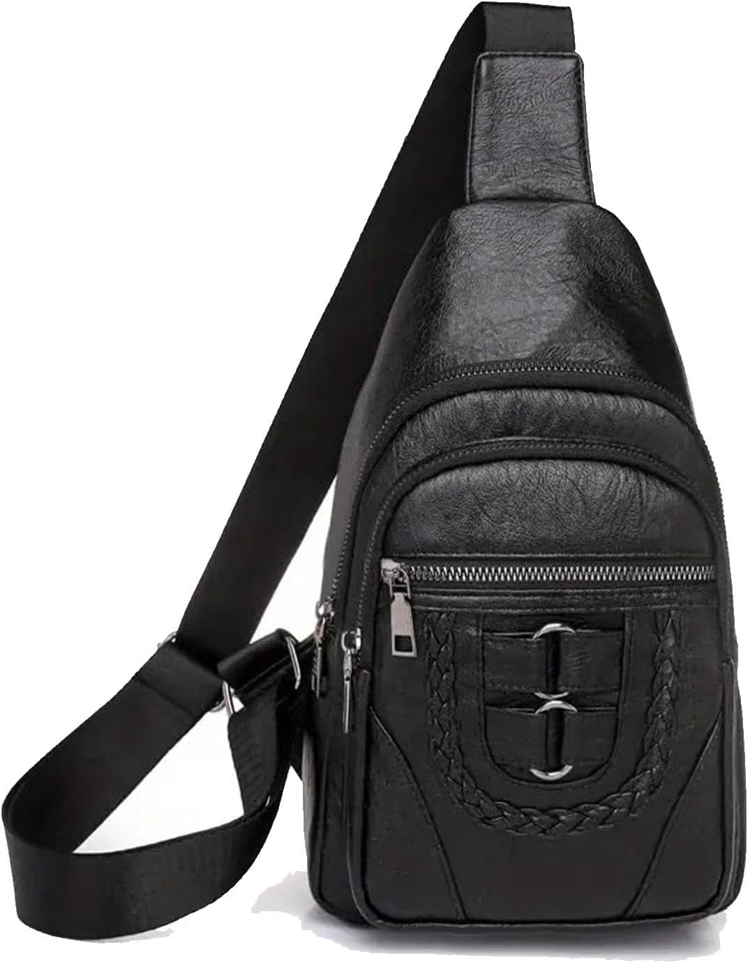 Sling Bag For Women, Multi Pockets CrossBody Bags, Purses Fanny Packs, Vegan Retro Leather Braiding Sling Backpack For Travel