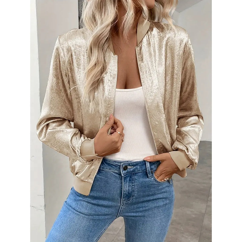 Women's Leopard Print Zip Up Lightweight Bomber Jacket Casual Long Sleeve Outerwear
